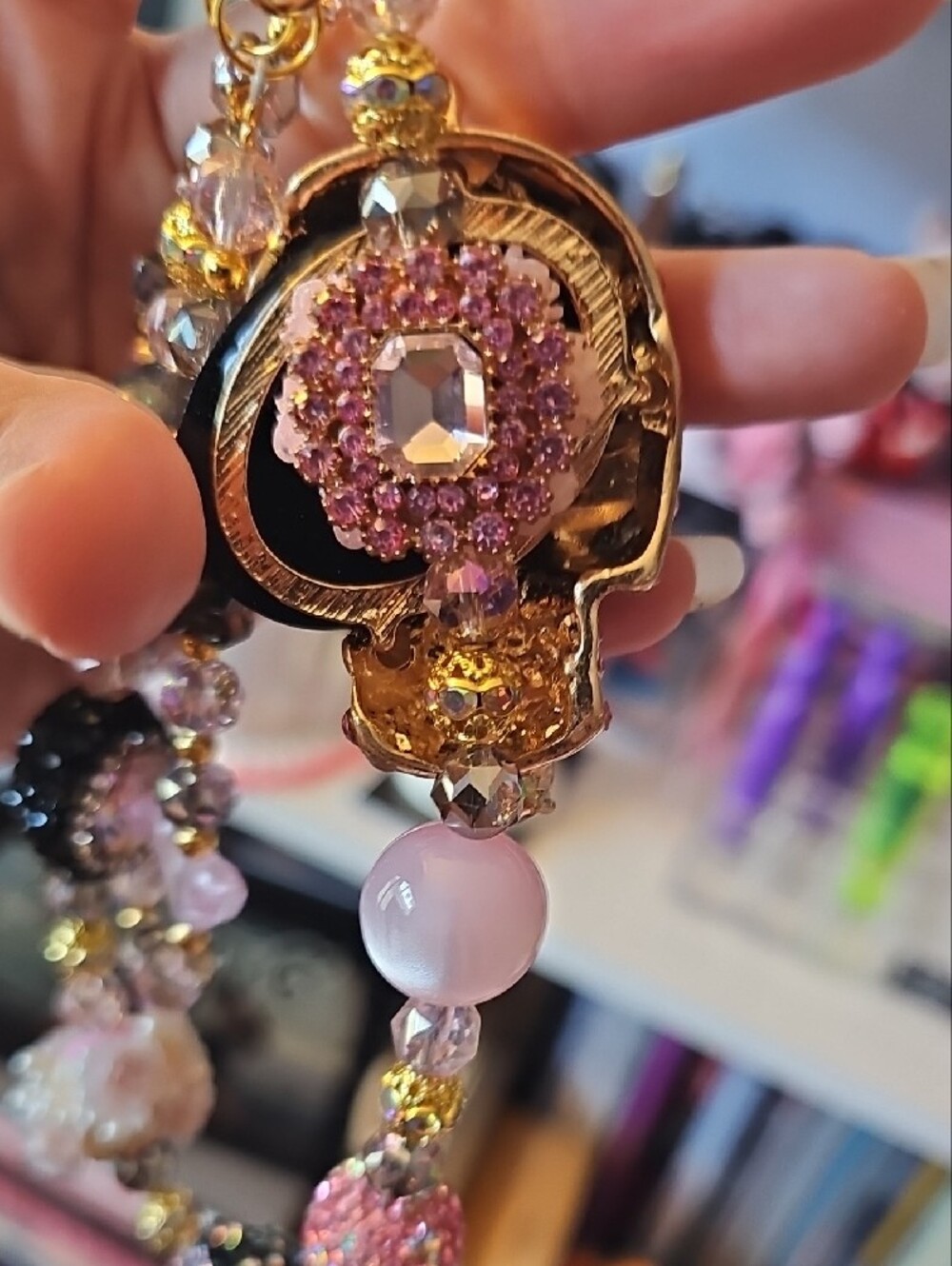 Pink Crystal Skull Pendant Purse Charm - Picture 3 of 4